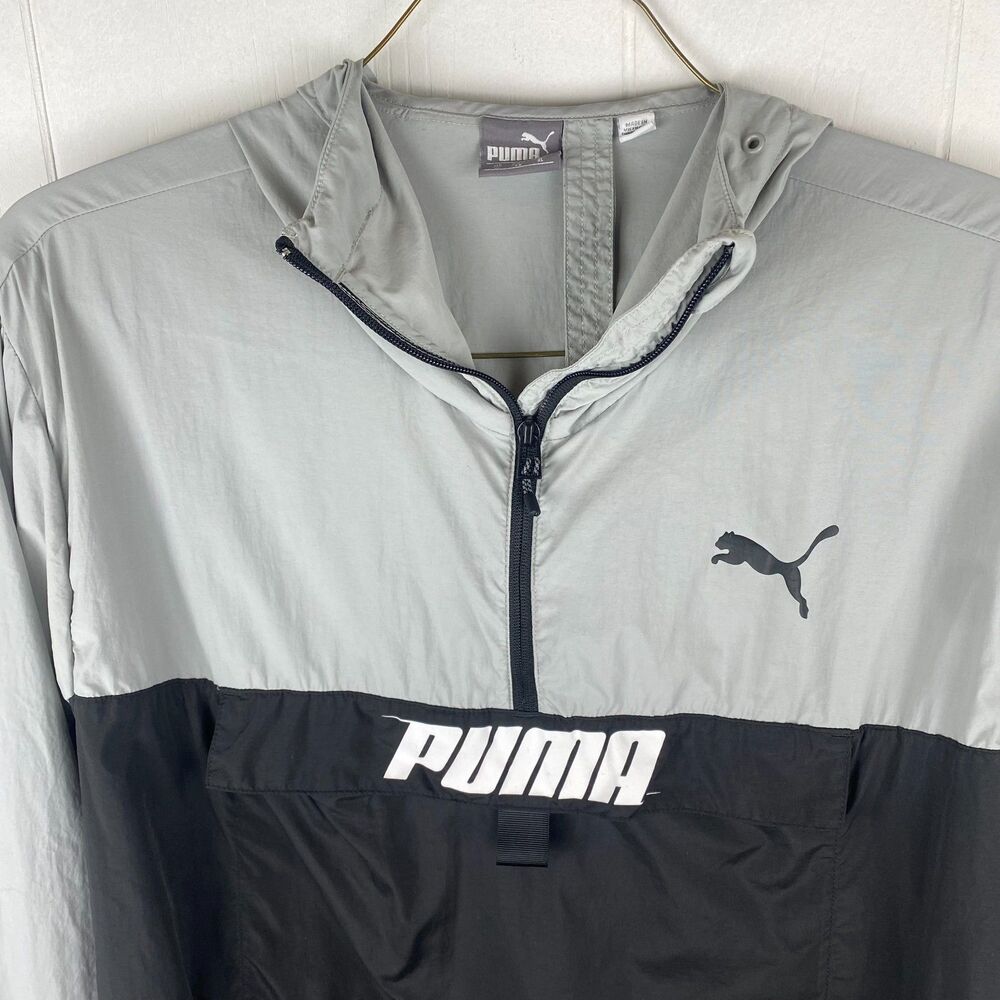 Puma Men’s XL Gray Black Windbreaker Jacket Lightweight Hooded Athletic Zip - Picture 2 of 5